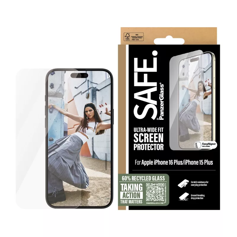 PanzerGlass SAFE. by ® Ekrano apsauginis stiklas iPhone 16 Plus | 15 Plus | Ultra-Wide Fit
