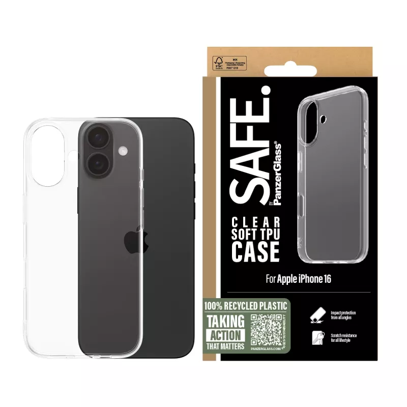 PanzerGlass SAFE. by ® TPU Dėklas Skaidrus iPhone 16, Dangtelis, Apple, Apple - iPhone 16, Skaidrus