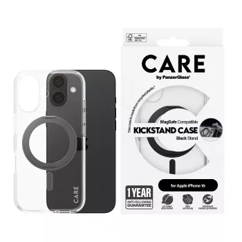 PanzerGlass CARE™ by ® Dėklas Skaidrus su Juodu Pėdeliu ir MagSafe iPhone 16