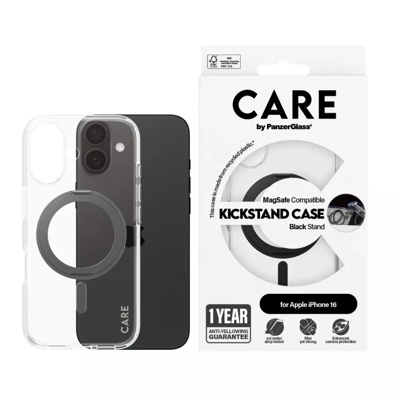 PanzerGlass CARE™ by ® Dėklas Skaidrus su Juodu Pėdeliu ir MagSafe iPhone 16