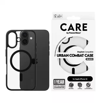 PanzerGlass CARE™ by ® Urban Combat Case permatomas su juodu rėmeliu ir MagSafe, iPhone 16