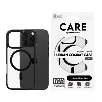 PanzerGlass CARE™ by ® Urban Combat Case Skaidrus su Juodu Rėmeliu ir MagSafe, iPhone 16 Pro