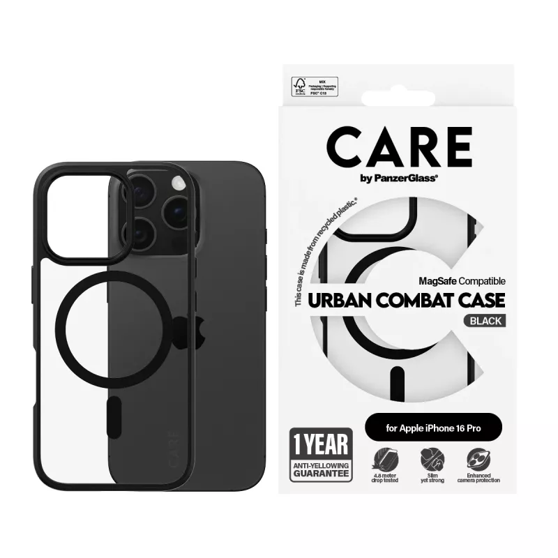 PanzerGlass CARE™ by ® Urban Combat Case Skaidrus su Juodu Rėmeliu ir MagSafe, iPhone 16 Pro