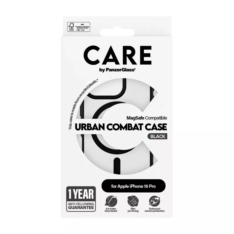 PanzerGlass CARE™ by ® Urban Combat Case Skaidrus su Juodu Rėmeliu ir MagSafe, iPhone 16 Pro