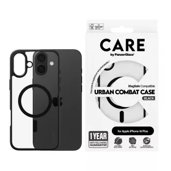 PanzerGlass CARE™ by ® Urban Combat Case Skaidrus su juodu rėmeliu ir MagSafe, iPhone 16 Plus
