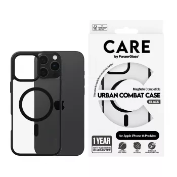 PanzerGlass CARE™ by ® Urban Combat dėklas permatomas su juodu rėmu ir MagSafe, skirtas iPhone 16 Pro Max