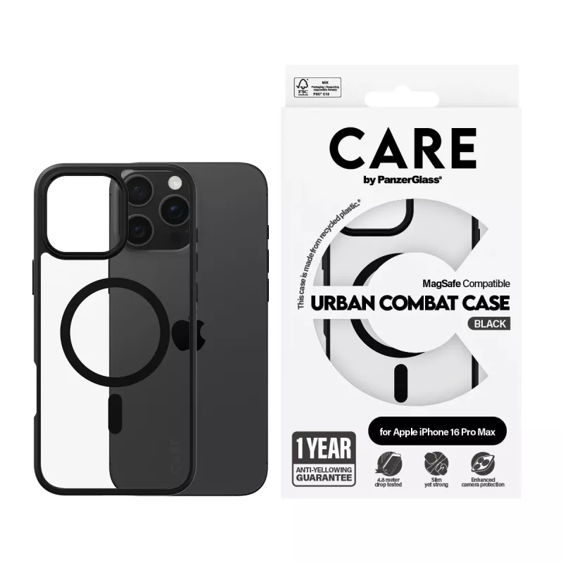 PanzerGlass CARE™ by ® Urban Combat dėklas permatomas su juodu rėmu ir MagSafe, skirtas iPhone 16 Pro Max