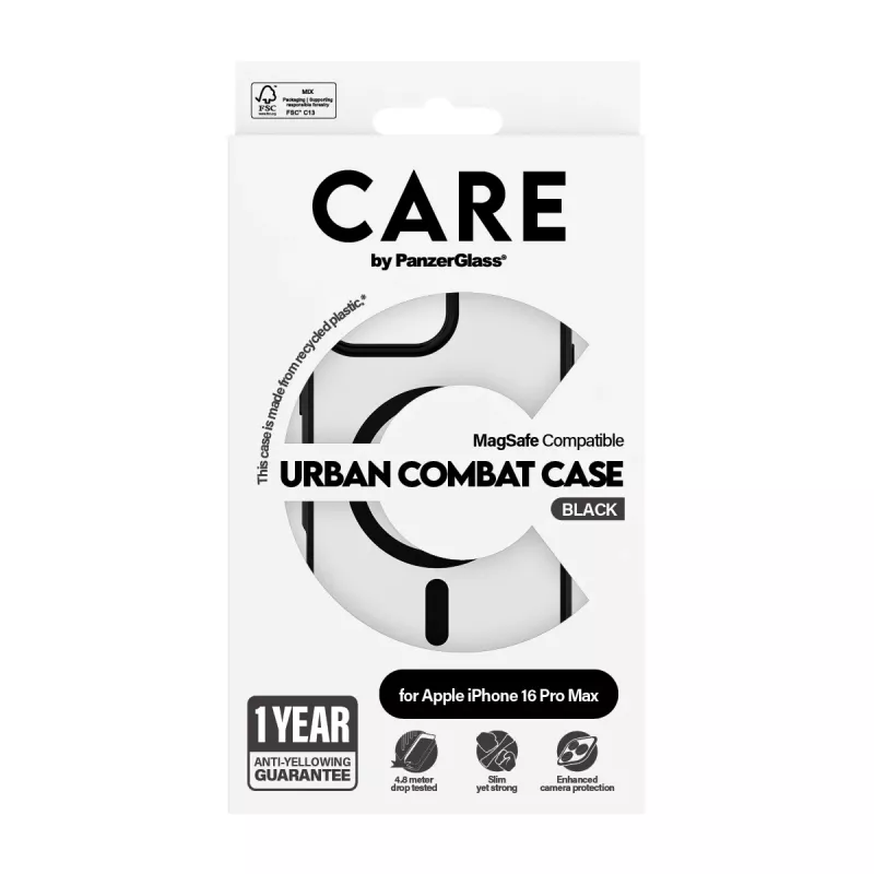 PanzerGlass CARE™ by ® Urban Combat dėklas permatomas su juodu rėmu ir MagSafe, skirtas iPhone 16 Pro Max