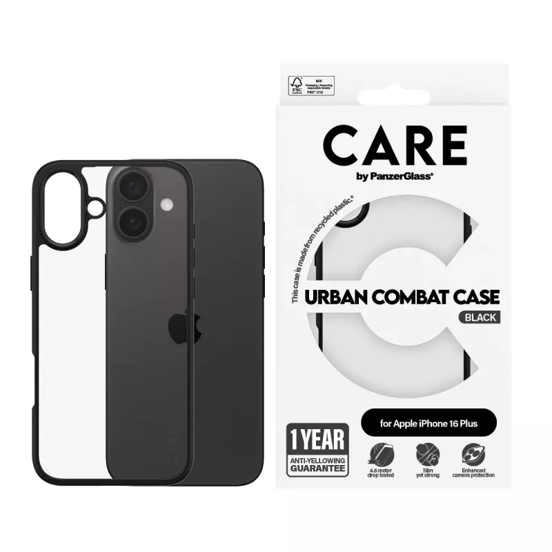 PanzerGlass CARE™ by ® Urban Combat Case Skaidrus su Juodu Rėmeliu iPhone 16 Plus