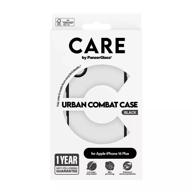 PanzerGlass CARE™ by ® Urban Combat Case Skaidrus su Juodu Rėmeliu iPhone 16 Plus