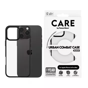 PanzerGlass CARE™ by ® Urban Combat Case permatomas su juodu rėmeliu, skirtas iPhone 16 Pro Max