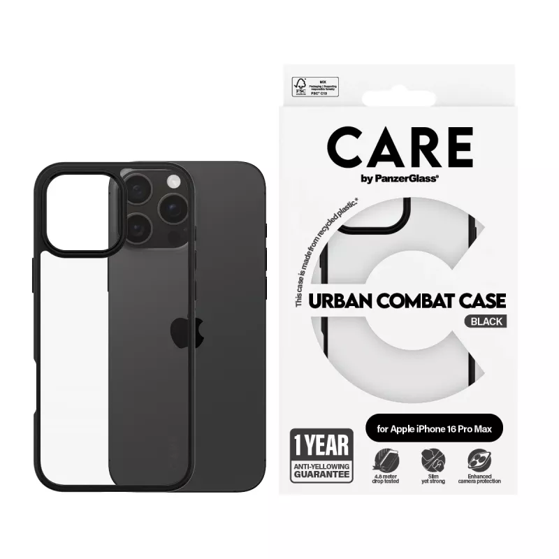 PanzerGlass CARE™ by ® Urban Combat Case permatomas su juodu rėmeliu, skirtas iPhone 16 Pro Max