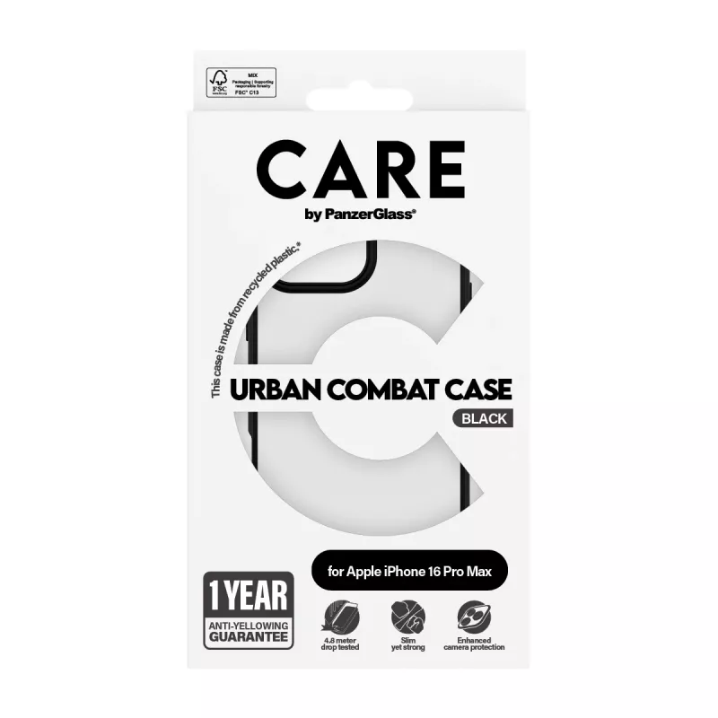 PanzerGlass CARE™ by ® Urban Combat Case permatomas su juodu rėmeliu, skirtas iPhone 16 Pro Max