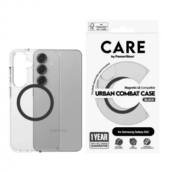PanzerGlass CARE™ by ® Urban Combat Case Skaidrus su Juodu, suderinamas su Qi, Samsung Galaxy S25