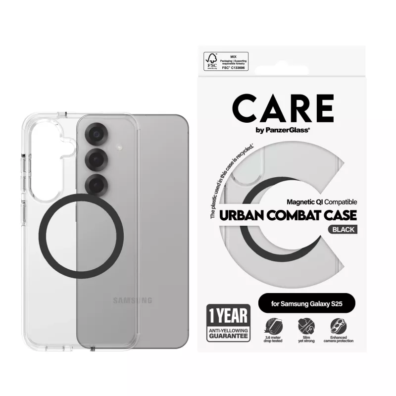 PanzerGlass CARE™ by ® Urban Combat Case Skaidrus su Juodu, suderinamas su Qi, Samsung Galaxy S25
