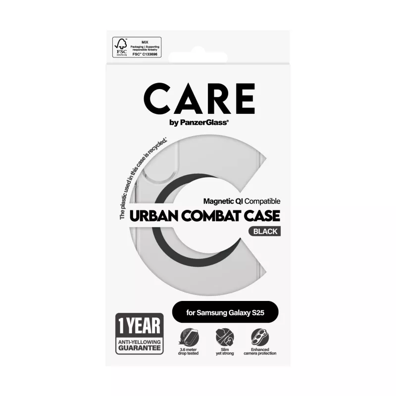 PanzerGlass CARE™ by ® Urban Combat Case Skaidrus su Juodu, suderinamas su Qi, Samsung Galaxy S25