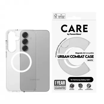 PanzerGlass CARE™ by ® Urban Combat dėklas permatomas su balta, Qi suderinamas, Samsung Galaxy S25+