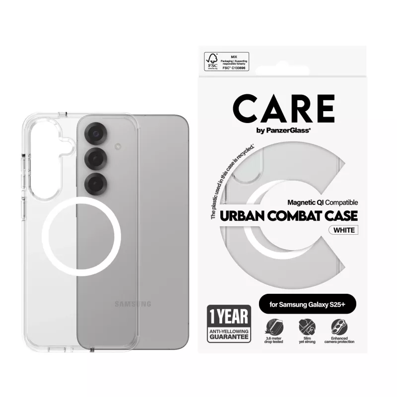 PanzerGlass CARE™ by ® Urban Combat dėklas permatomas su balta, Qi suderinamas, Samsung Galaxy S25+