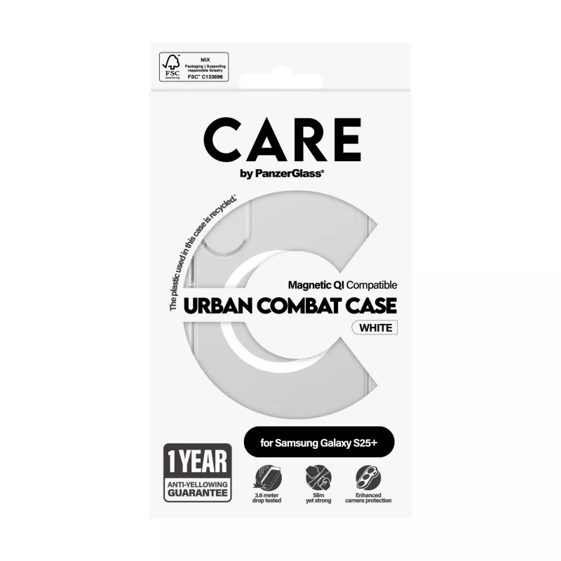 PanzerGlass CARE™ by ® Urban Combat dėklas permatomas su balta, Qi suderinamas, Samsung Galaxy S25+