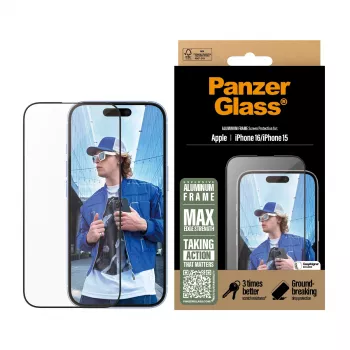 PanzerGlass ® ekrano apsauga su aliuminio rėmeliu iPhone 16 | 15 | Ultra-Wide Fit