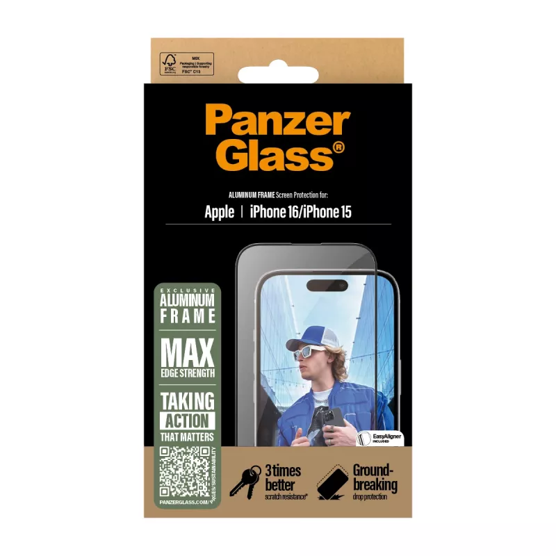 PanzerGlass ® ekrano apsauga su aliuminio rėmeliu iPhone 16 | 15 | Ultra-Wide Fit
