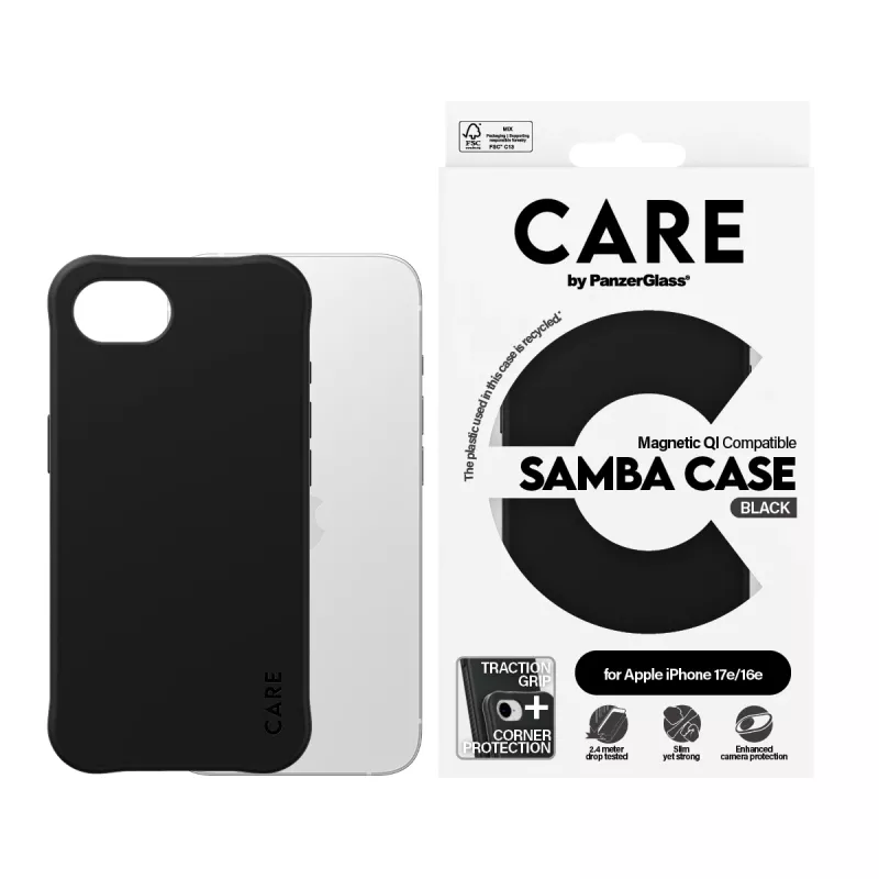 PanzerGlass CARE™ by ® Samba Case Black su Qi suderinamumu iPhone 17e | 16e