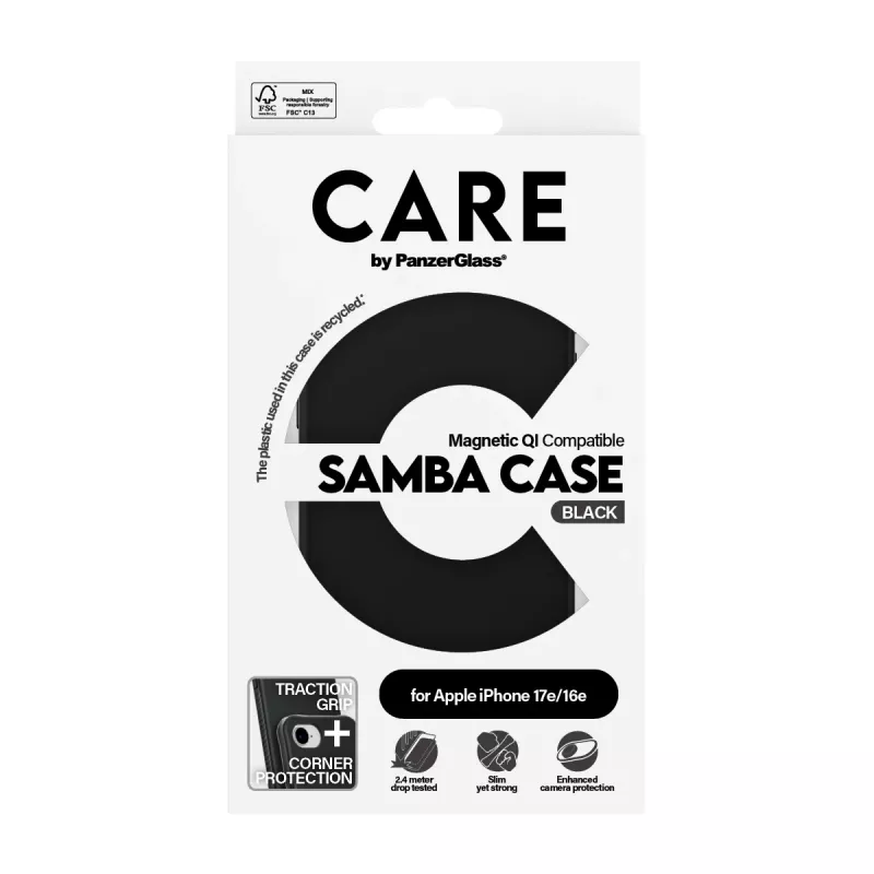 PanzerGlass CARE™ by ® Samba Case Black su Qi suderinamumu iPhone 17e | 16e