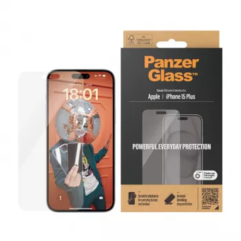 PanzerGlass® apsauginis stiklas iPhone 15 Plus | Classic Fit, Apple iPhone 15 Plus, sausas klijavimas, atsparus įbrėžimams, smūgiams, skaidrus, 1 vnt.
