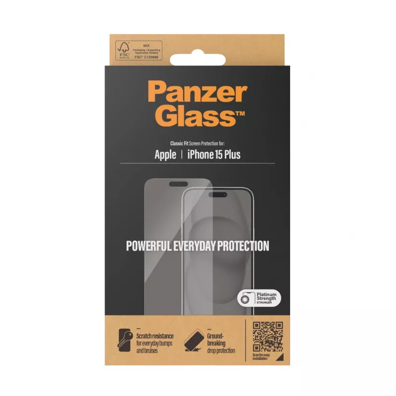 PanzerGlass® apsauginis stiklas iPhone 15 Plus | Classic Fit, Apple iPhone 15 Plus, sausas klijavimas, atsparus įbrėžimams, smūgiams, skaidrus, 1 vnt.