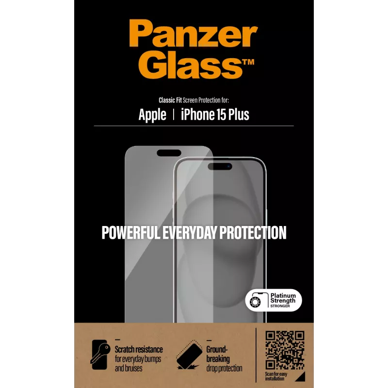 PanzerGlass® apsauginis stiklas iPhone 15 Plus | Classic Fit, Apple iPhone 15 Plus, sausas klijavimas, atsparus įbrėžimams, smūgiams, skaidrus, 1 vnt.