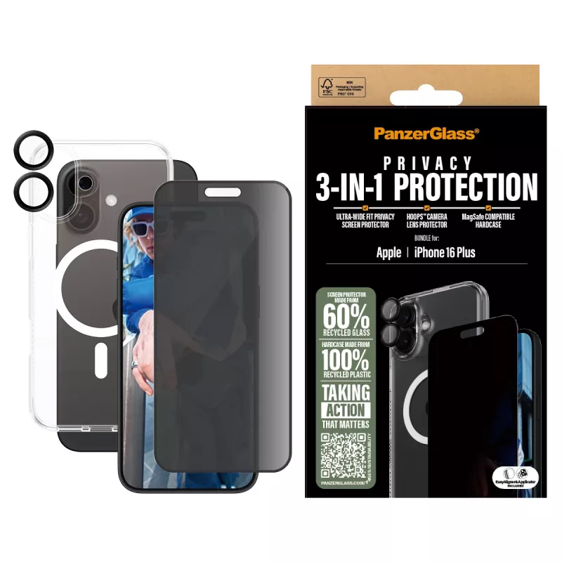 PanzerGlass ® 3 viename privatumo apsaugos rinkinys iPhone 16 Plus
