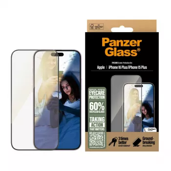 PanzerGlass® EyeCARE™ ekrano apsauginis stiklas iPhone 16 Plus | 15 Plus | Ultra-Wide Fit