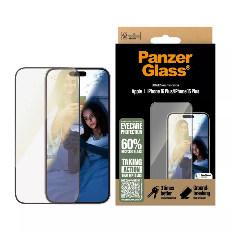 PanzerGlass® EyeCARE™ ekrano apsauginis stiklas iPhone 16 Plus | 15 Plus | Ultra-Wide Fit