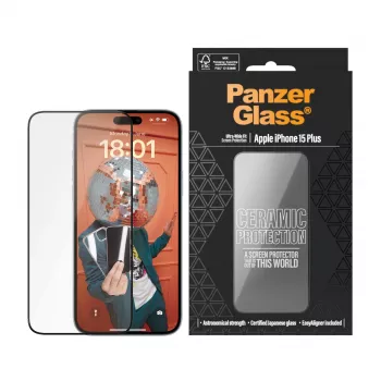 PanzerGlass ® Ceramic Protection, apsauginis stikliukas iPhone 15 Plus, Ultra-Wide Fit su EasyAligner