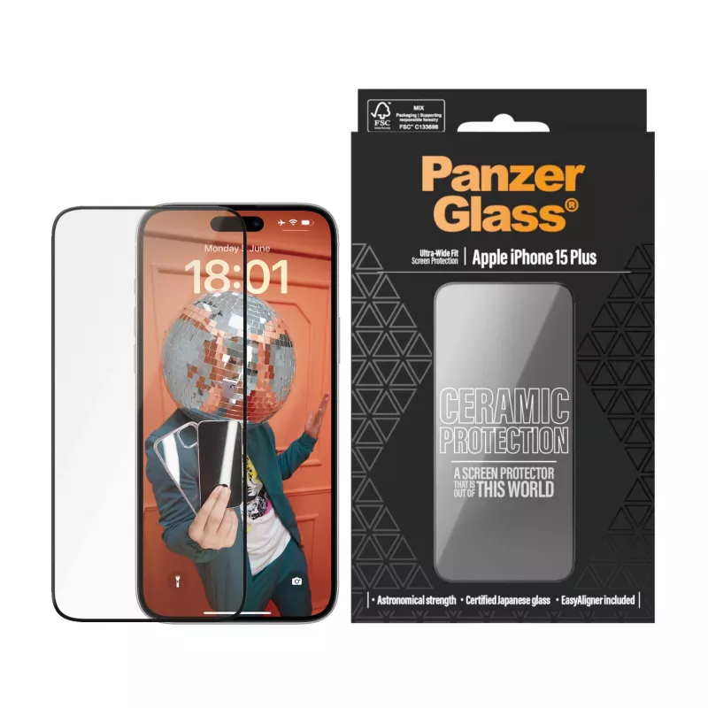 PanzerGlass ® Ceramic Protection, apsauginis stikliukas iPhone 15 Plus, Ultra-Wide Fit su EasyAligner