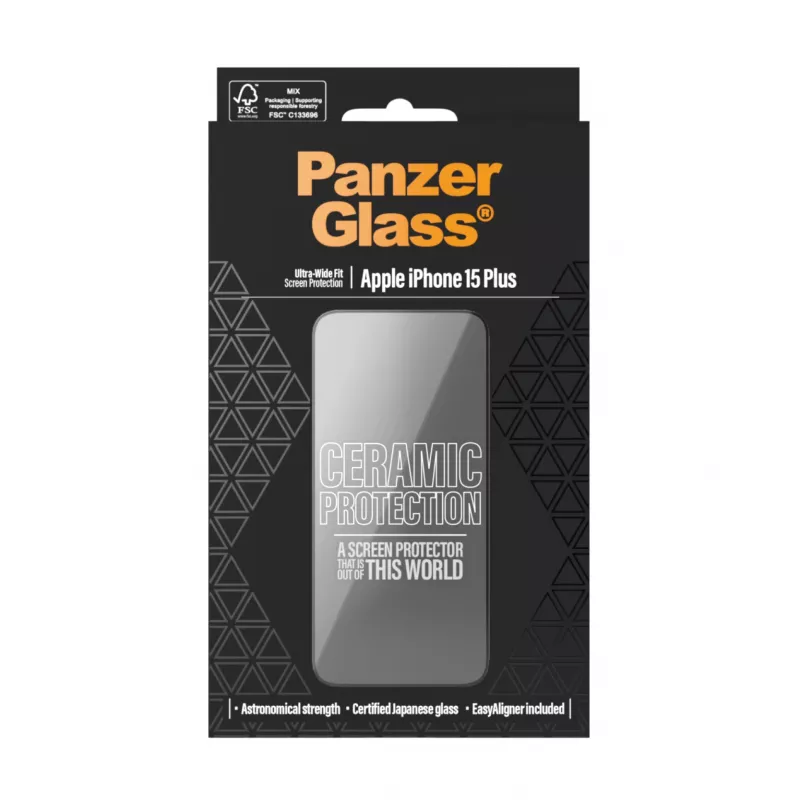 PanzerGlass ® Ceramic Protection, apsauginis stikliukas iPhone 15 Plus, Ultra-Wide Fit su EasyAligner
