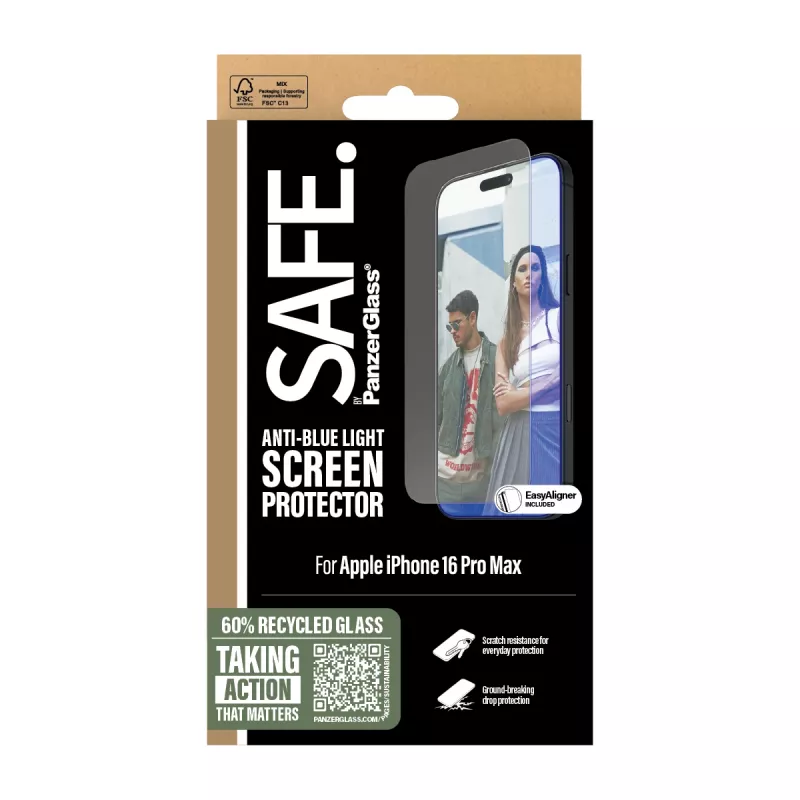 PanzerGlass SAFE. Anti-Blue Light ekrano apsauga iPhone 16 Pro Max | Ultra-Wide Fit