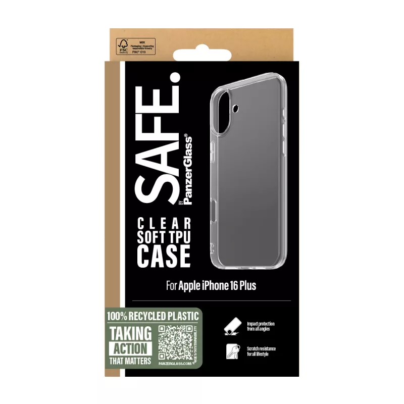 PanzerGlass SAFE. by ® TPU Dėklas Skaidrus iPhone 16 Plus, Užvalkalas, Apple, Apple - iPhone 16 Plus, Skaidrus