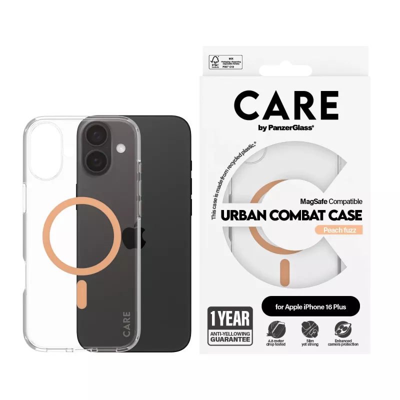 PanzerGlass CARE™ by ® Urban Combat Case Skaidrus su Persikiniu MagSafe iPhone 16 Plus