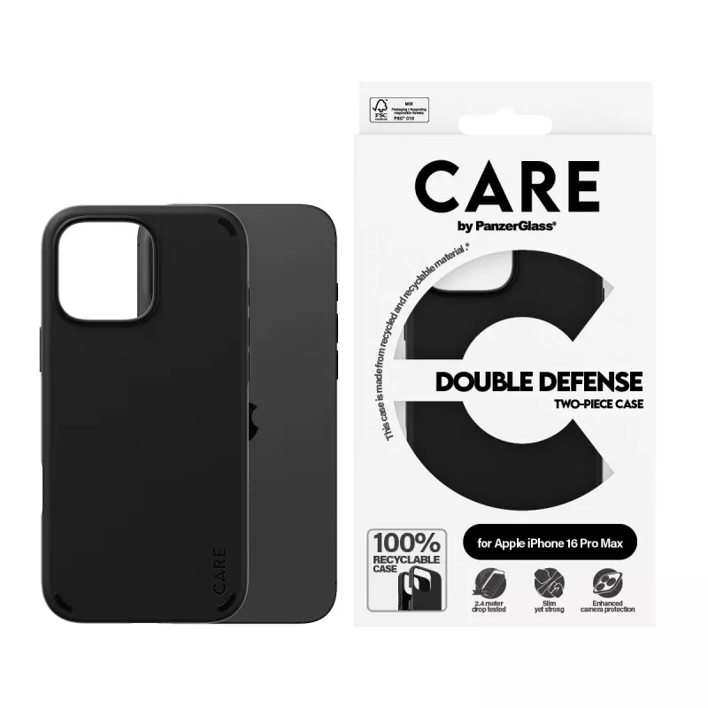 PanzerGlass CARE Feature Case Double Defense dėklas, skirtas „iPhone 16 Pro Max“ 6,9 colio, juodas