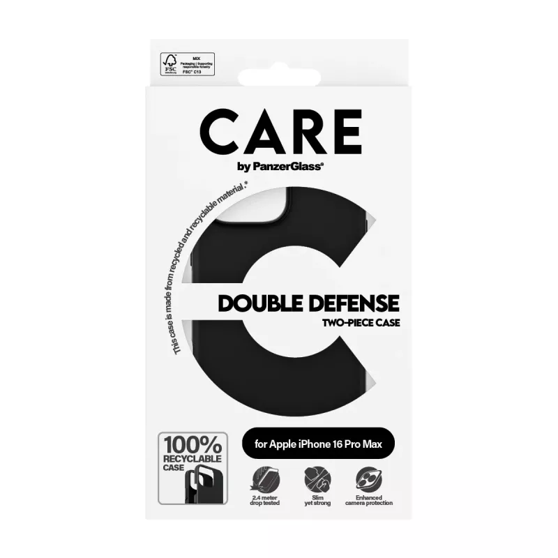 PanzerGlass CARE Feature Case Double Defense dėklas, skirtas „iPhone 16 Pro Max“ 6,9 colio, juodas