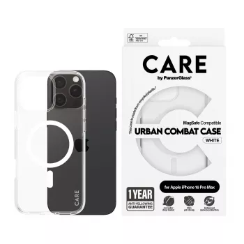 PanzerGlass CARE™ by ® Urban Combat dėklas permatomas su balta MagSafe iPhone 16 Pro Max