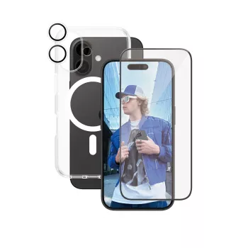 PanzerGlass ® | CARE by ® Flagship 3-in-1 rinkinys iPhone 16, Apple, Apple - iPhone 16, Sausas klijavimas, Atsparus įbrėžimams, Atsparus smūgiams, Skaidrus, 1 vnt.