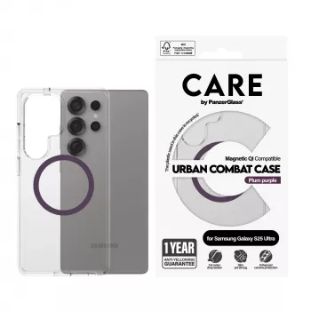 PanzerGlass CARE™ by ® Urban Combat dėklas permatomas su slyvų purpurine spalva, Qi suderinamas Samsung Galaxy S25 Ultra
