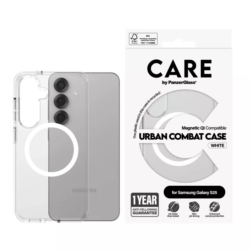 Dėklas PanzerGlass CARE by Flagship Case Transparent Urban Combat White, suderinamas su Samsung Galaxy S25, permatomas, atsparus smūgiams iki 4,8 m