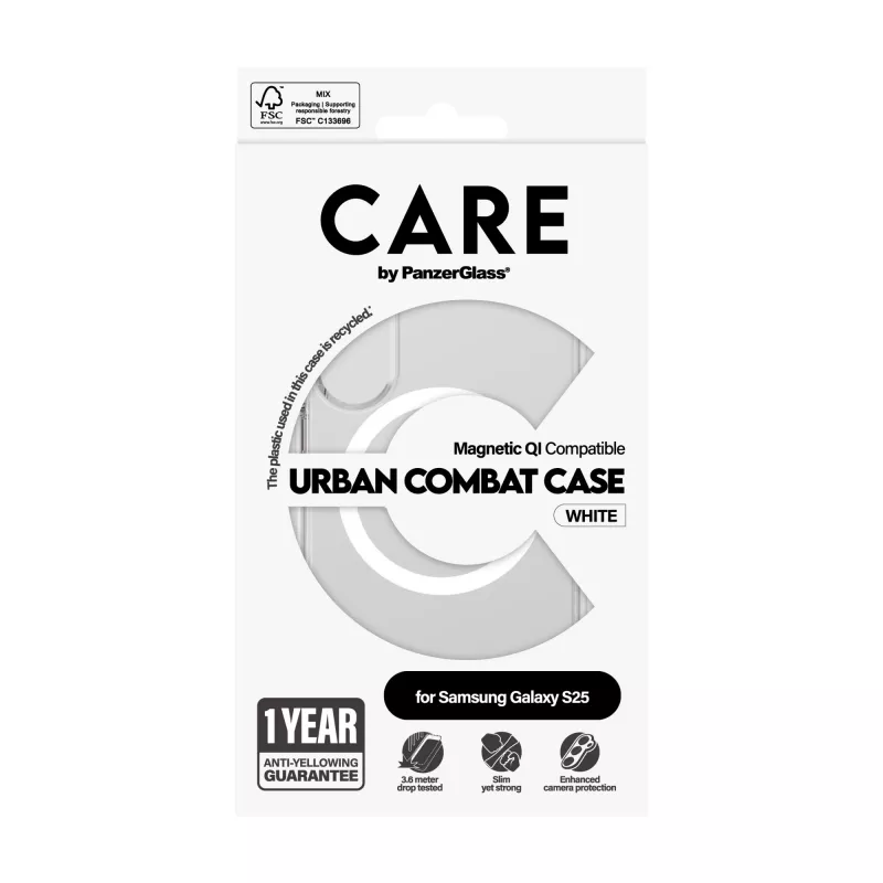 Dėklas PanzerGlass CARE by Flagship Case Transparent Urban Combat White, suderinamas su Samsung Galaxy S25, permatomas, atsparus smūgiams iki 4,8 m