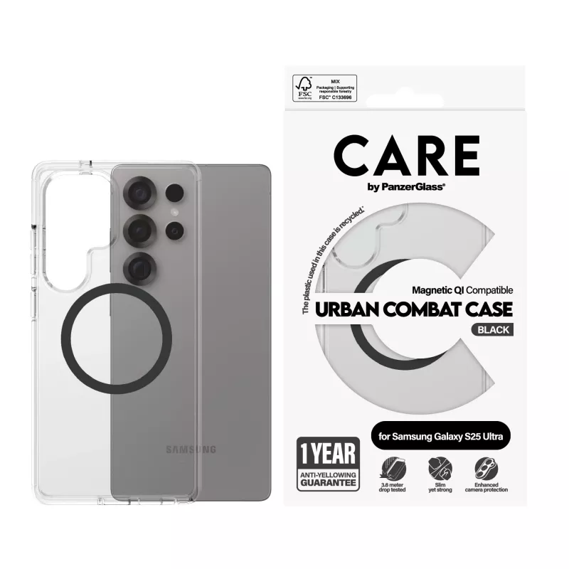 PanzerGlass CARE™ by ® Urban Combat Case permatomas su juodu Qi suderinamas Samsung Galaxy S25 Ultra