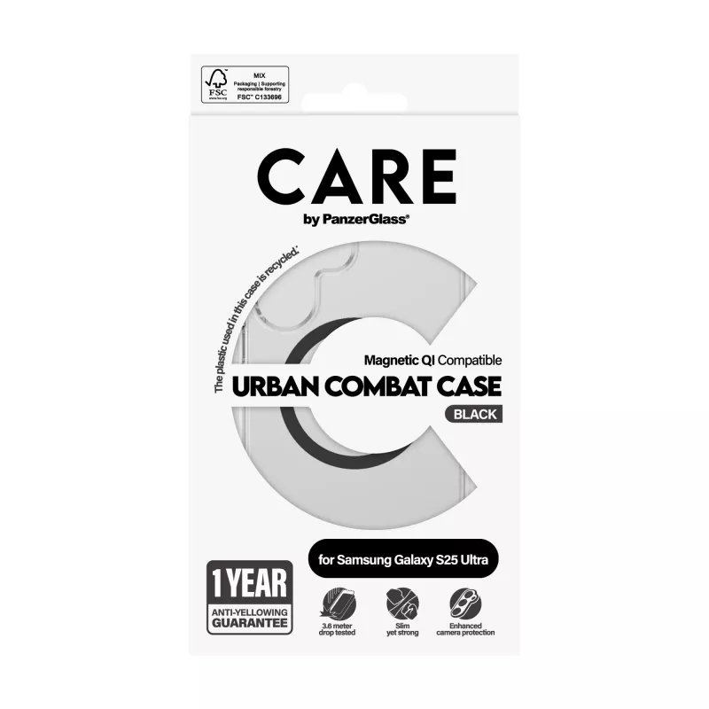 PanzerGlass CARE™ by ® Urban Combat Case permatomas su juodu Qi suderinamas Samsung Galaxy S25 Ultra