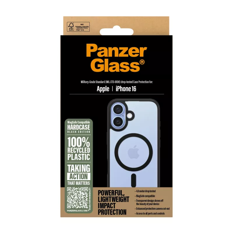 PanzerGlass HardCase Skaidrus su juodu rėmeliu ir MagSafe, iPhone 16