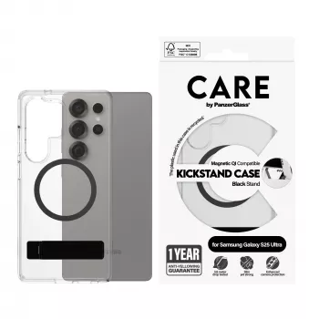 PanzerGlass CARE™ by ® Dėklas Skaidrus su Juodu Atraminiu Stoveliu ir Qi Suderinamumas Samsung Galaxy S25 Ultra